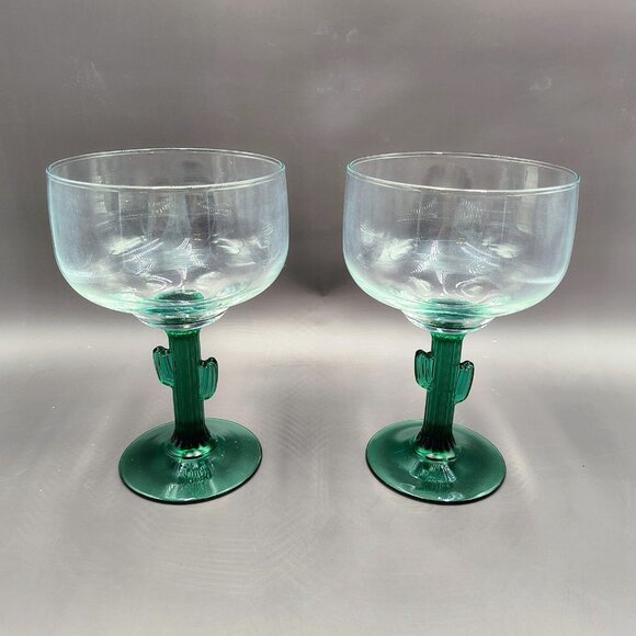 Libbey Cactus Stem Margarita Glasses 12 oz Green & Clear 6" Set Of 2 - Picture 4 of 5